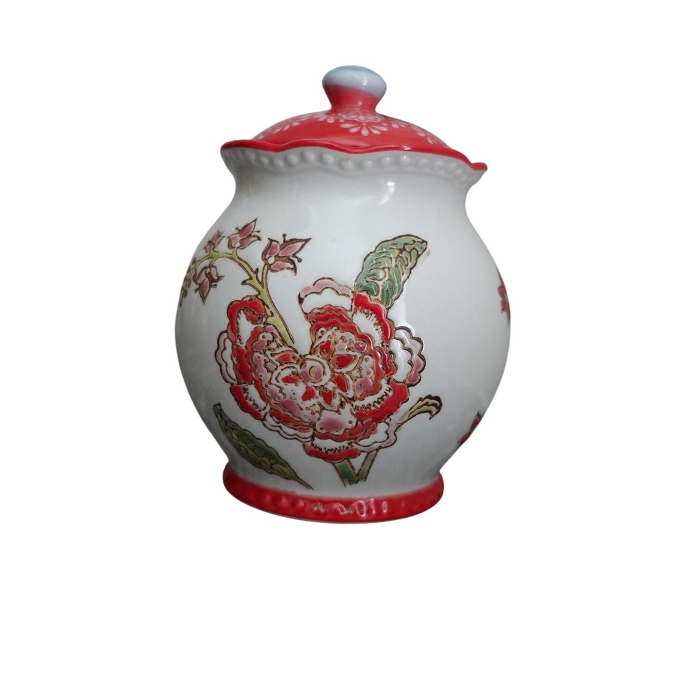 Dutch Wax Coastline Imports Red Floral Handpainted Ceramic Sugar Bowl with‎ Lid